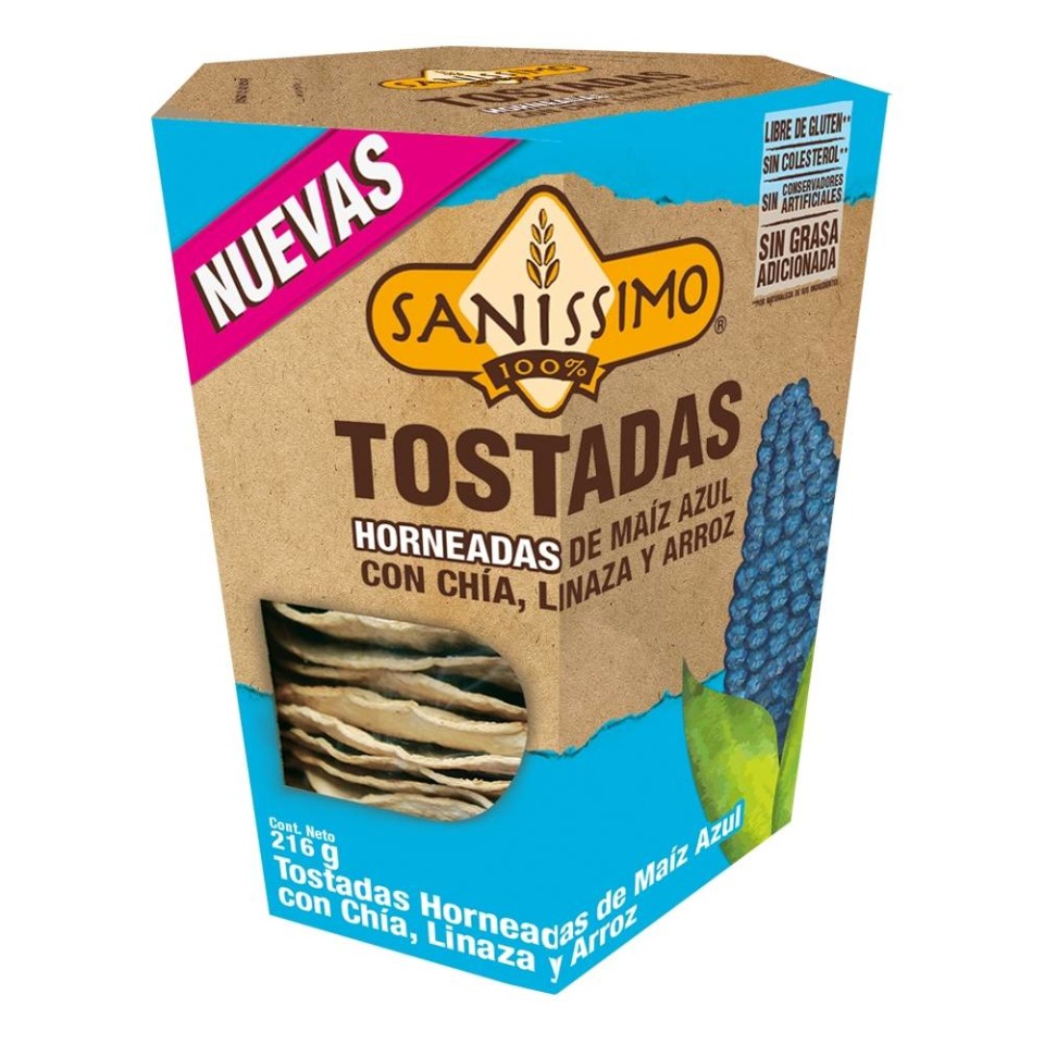 Tostadas Saníssimo horneadas de maíz azul con chía, linaza y arroz 216