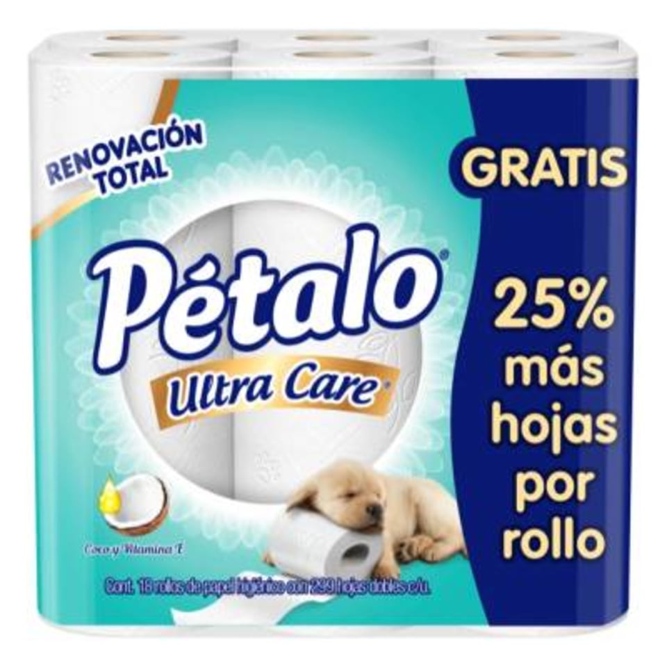 Papel higiénico Pétalo Ultra care 18 rollos con 299 hojas dobles c/u