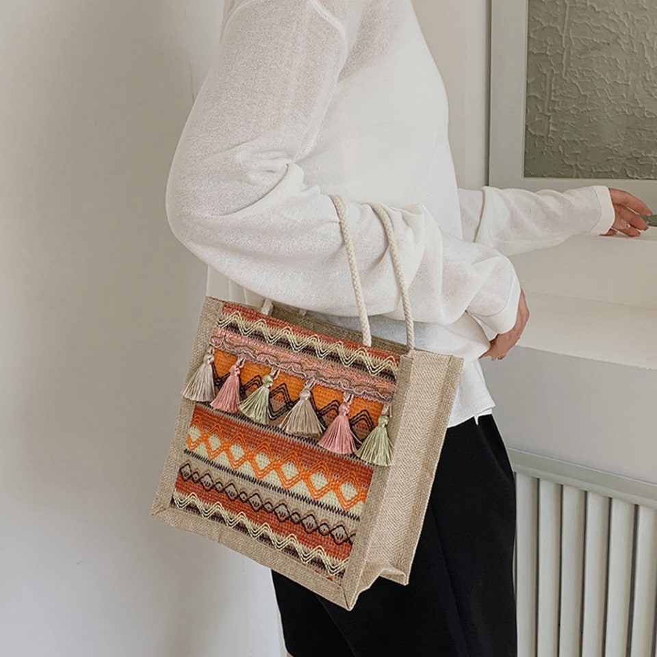 Bolsa Bolso de hombro de mujer Bolso de mano retro étnico con borlas grandes (naranja) JShteea Para Estrenar | Bodega Aurrera en línea