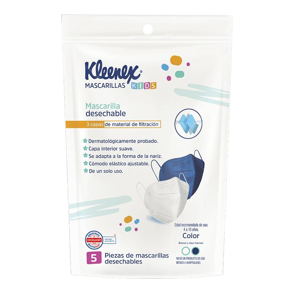 Mascarillas desechables Kleenex Kids color blanco y azul marino 5 pzas