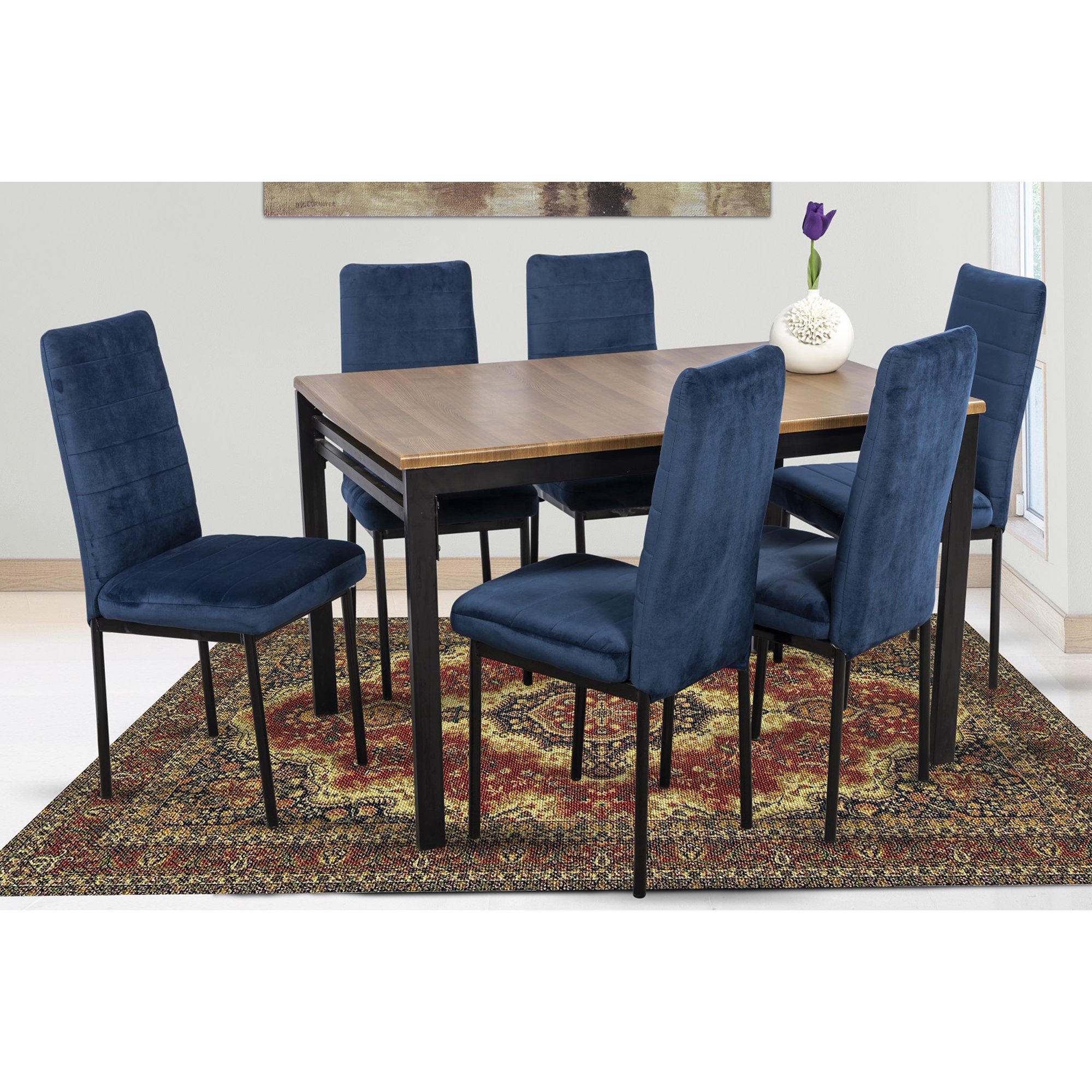 Comedor Troya 6 Azul Sillas Tubulares y Cubierta de Tablero Veteado MOBILKRAFT Modelo Troya 6 Tablero, Estilo Clasico en Color Azul y Negro