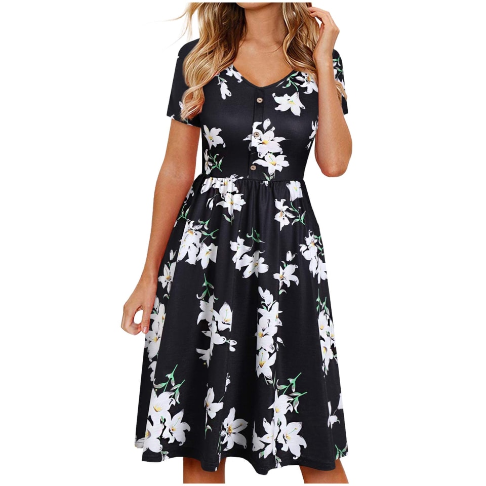 Moda Mujer Vestidos Verano Impresión Casual Cuello en V Manga corta Botón Vacaciones Playa Mini vest Fridja qw6440 | Walmart en línea Moda Mujer Vestidos Verano Impresión Casual Cuello en V Manga corta Botón Vacaciones Playa Mini vest Fridja qw6440 | Walmart en línea