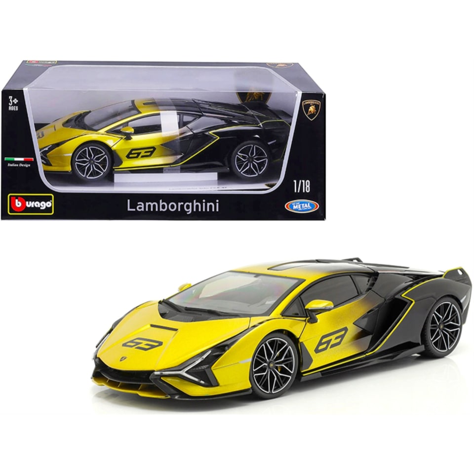 Lamborghini Sian FKP 37 #63 Amarillo Metálico y Negro 1/18 Diecast Modelo  de Coche por Bburago Bburago 11100y-bk | Bodega Aurrera en línea