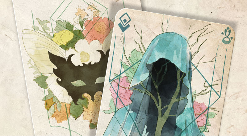 Echo Codex cards — hooded figure and botanical imagery