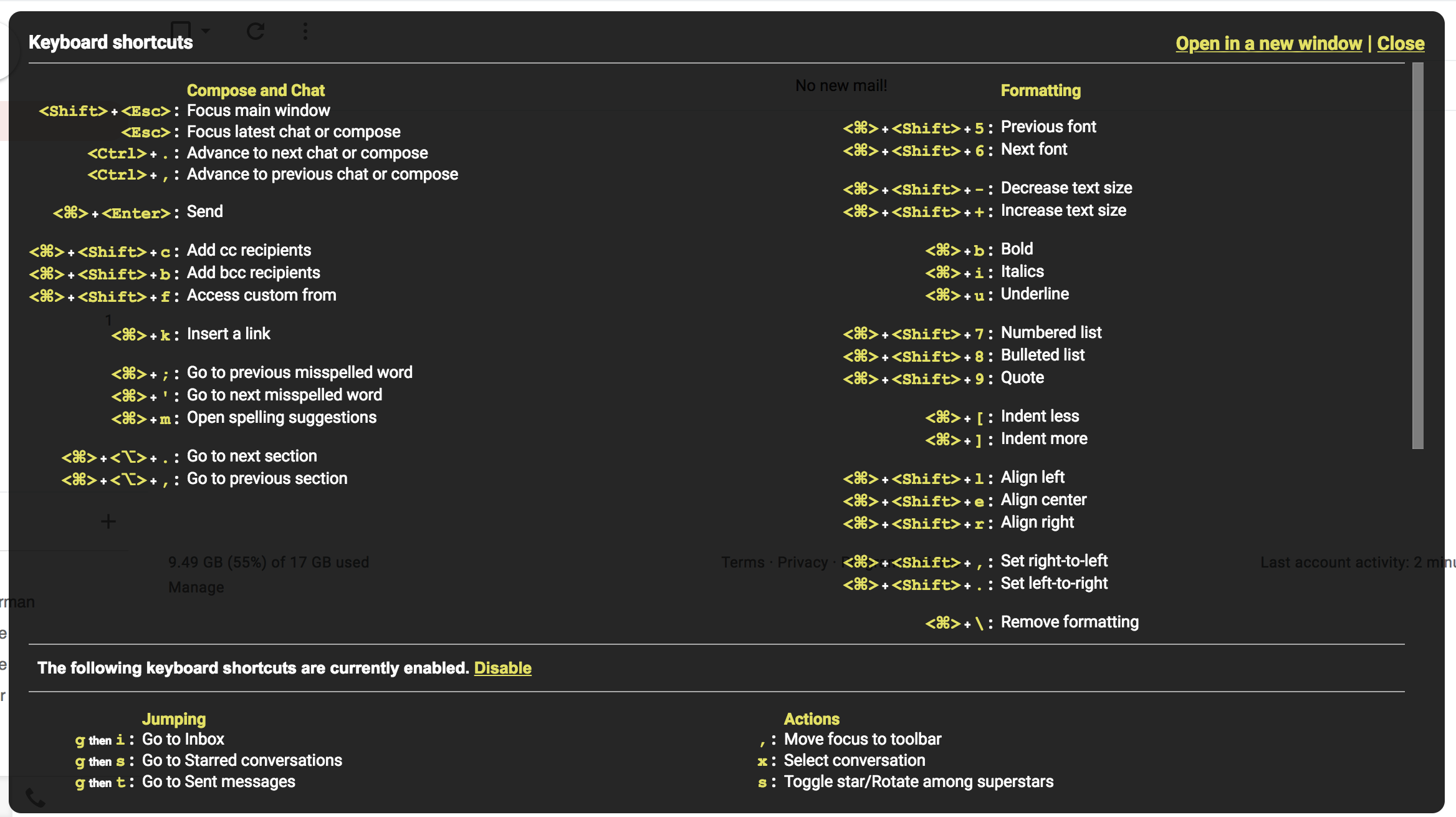 Gmail keyboard shortcuts screenshot