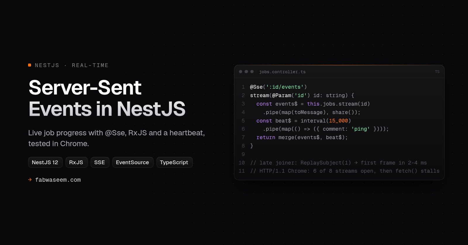 Server-Sent Events in NestJS cover: a jobs.controller.ts editor card with an @Sse route merging job events and a comment heartbeat