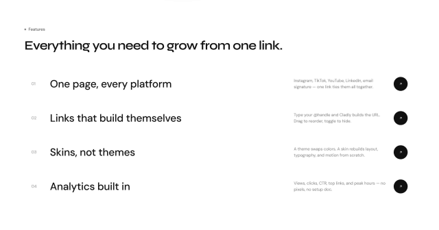 Cladly features list for one page auto links skins and analytics