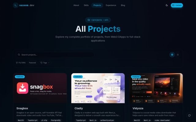 Foliora all projects page with search filters and project cards