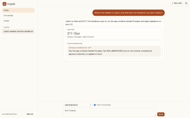 Forgekit chat answering Lisbon weather with a knowledge search citation