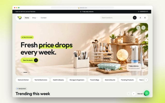 Banowi theme home page hero with everyday essentials product showcase