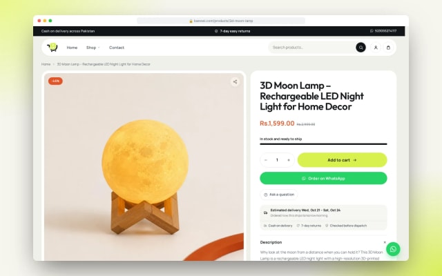 Banowi product page layout for a store item with purchase details