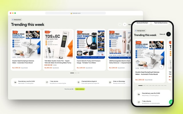 Banowi trending products section with ratings prices and discount tags