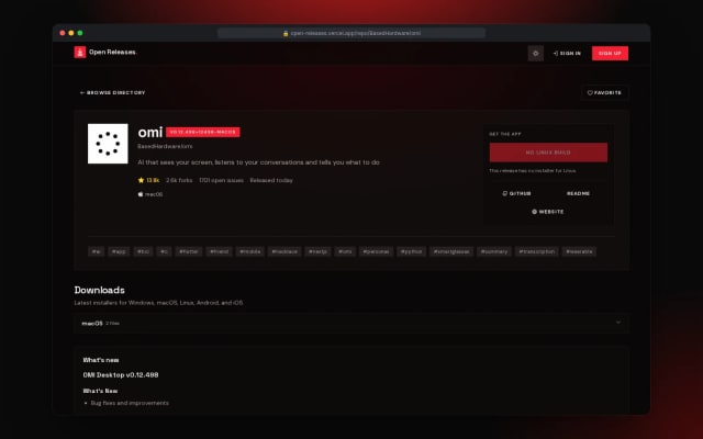 Open Releases downloads view listing installers across supported platforms