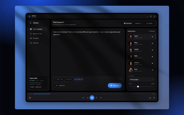 Sonora desktop studio interface for offline speech sessions on Windows