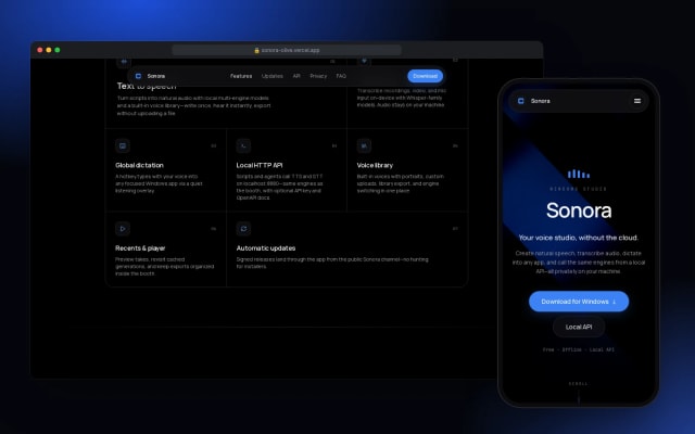 Sonora features section highlighting offline speech tools and privacy