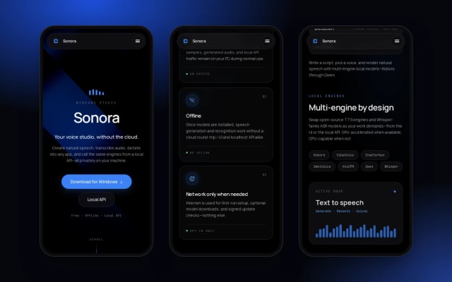 Sonora interface shown in a responsive mobile layout preview