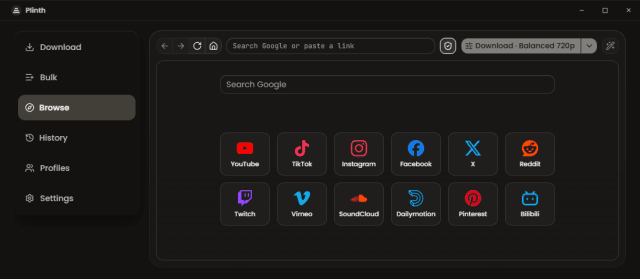 Plinth Browse tab with platform icons for YouTube TikTok and more