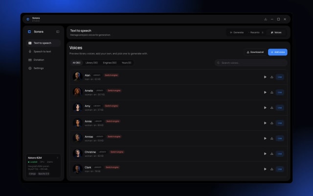 Sonora voices library listing local text-to-speech voice options