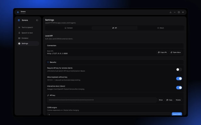 Sonora local API settings for running speech services on device