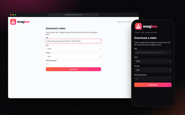 Snagbox playground in light mode next to the mobile layout in dark mode
