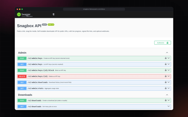 Snagbox API Swagger docs listing the admin and download endpoints