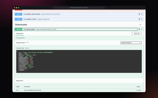 Swagger request body for POST /v2/downloads in the Snagbox API