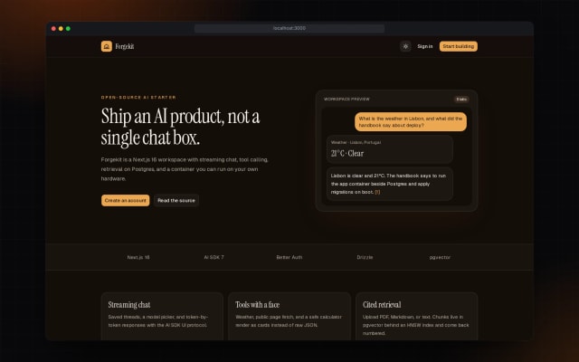 Forgekit landing page in dark mode