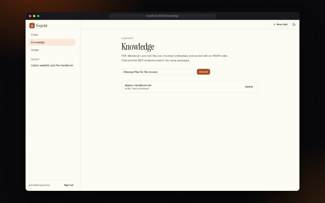 Forgekit knowledge library for uploading PDF, Markdown and text documents for RAG