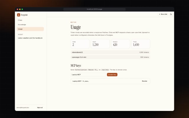 Forgekit usage page with token totals per model and MCP API keys