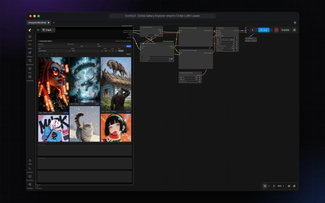 Civitai Gallery Explorer node in ComfyUI wired to the Civitai LoRA Loader, CLIP text encoders and KSampler