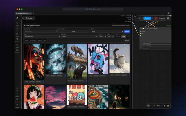 Civitai Gallery Explorer grid view of Civitai images inside a ComfyUI node