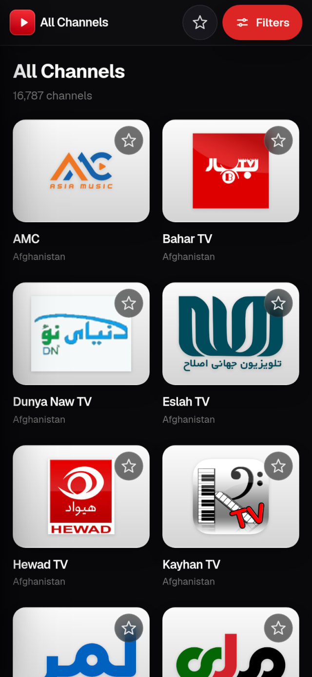 Live TV mobile layout with a slim top bar and channel grid on a phone screen