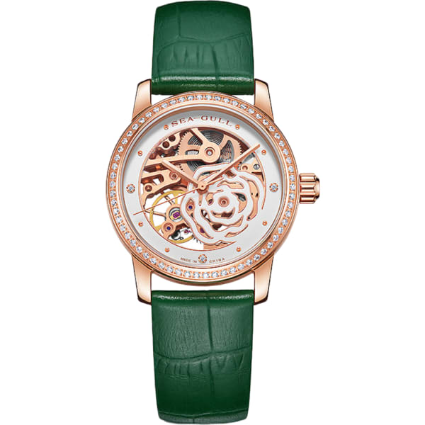 Seagull Camellia Skeleton Watch With Rose Gold Case