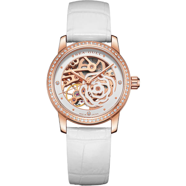 Seagull Camellia Skeleton Watch With Rose Gold Case