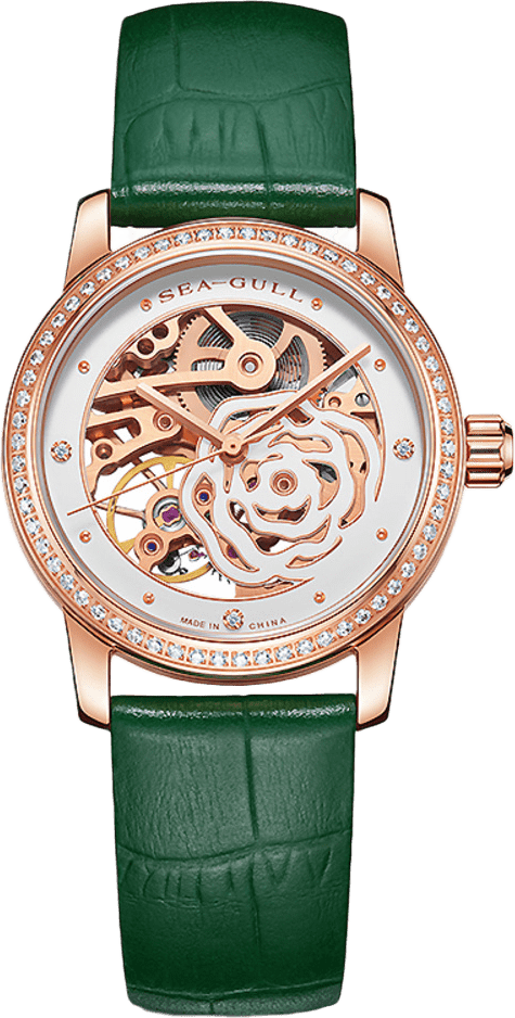 Seagull Camellia Skeleton Watch With Rose Gold Case