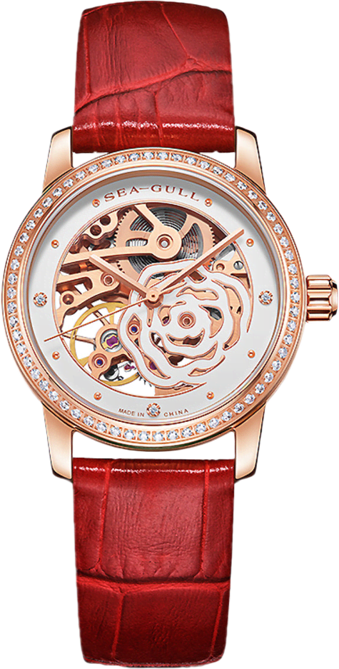 Seagull Camellia Skeleton Watch With Rose Gold Case