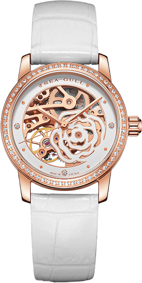 Seagull Camellia Skeleton Watch With Rose Gold Case