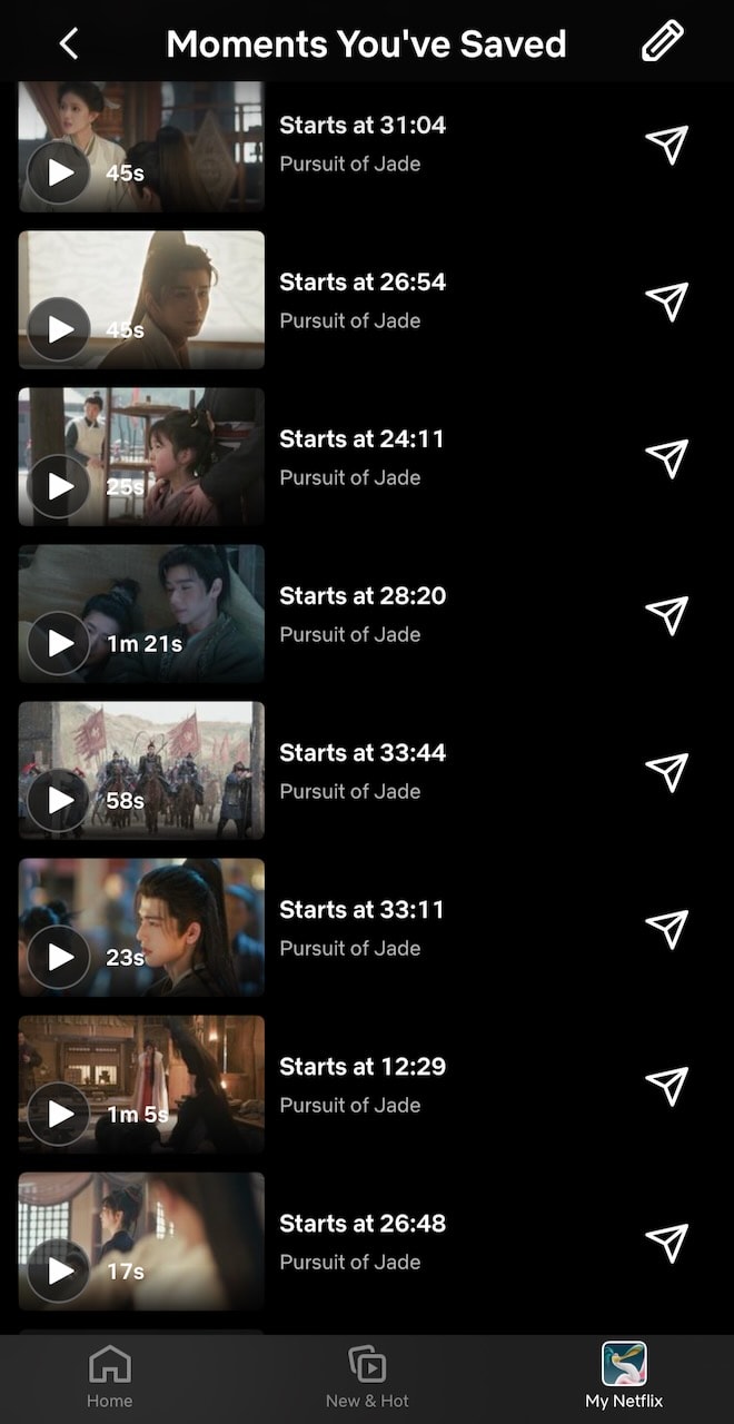 Screenshot of Netflix Moments, list of clips from Pursuit of Jade