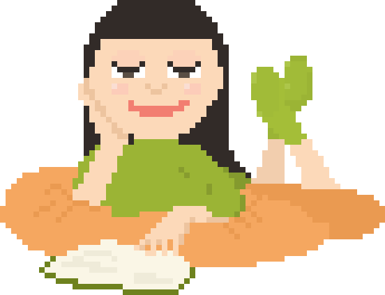 Pixel art of VobNox laying in bed reading.