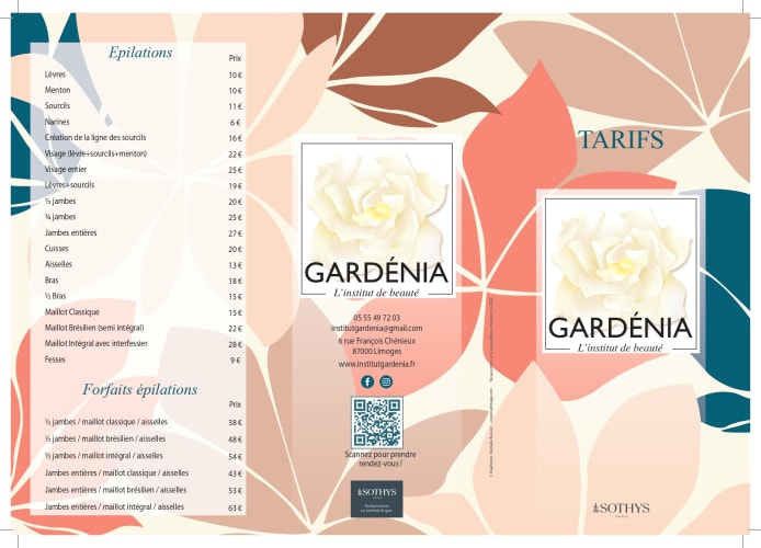 La carte des prestations proposées par l'institut de beauté Gardénia à Limoges