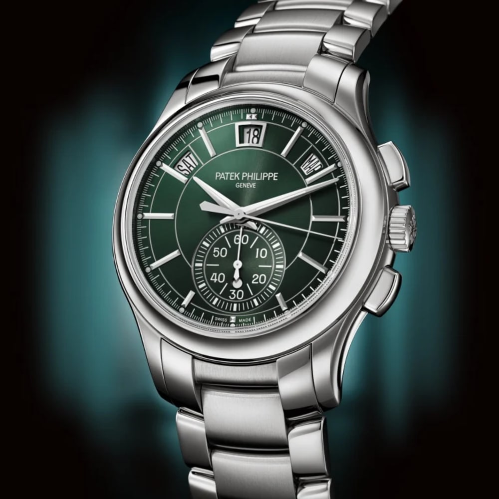 インテリア時計 PatekPhilippeGrandSovereignllSilverGreen Patek Philippe Annual Calendar Chronograph Steel Green Dial 42mm