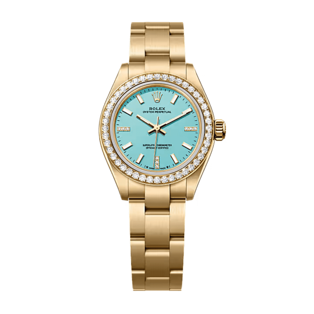 Rolex Oyster Perpetual Yellow Gold Diamond Turquoise Dial 34mm