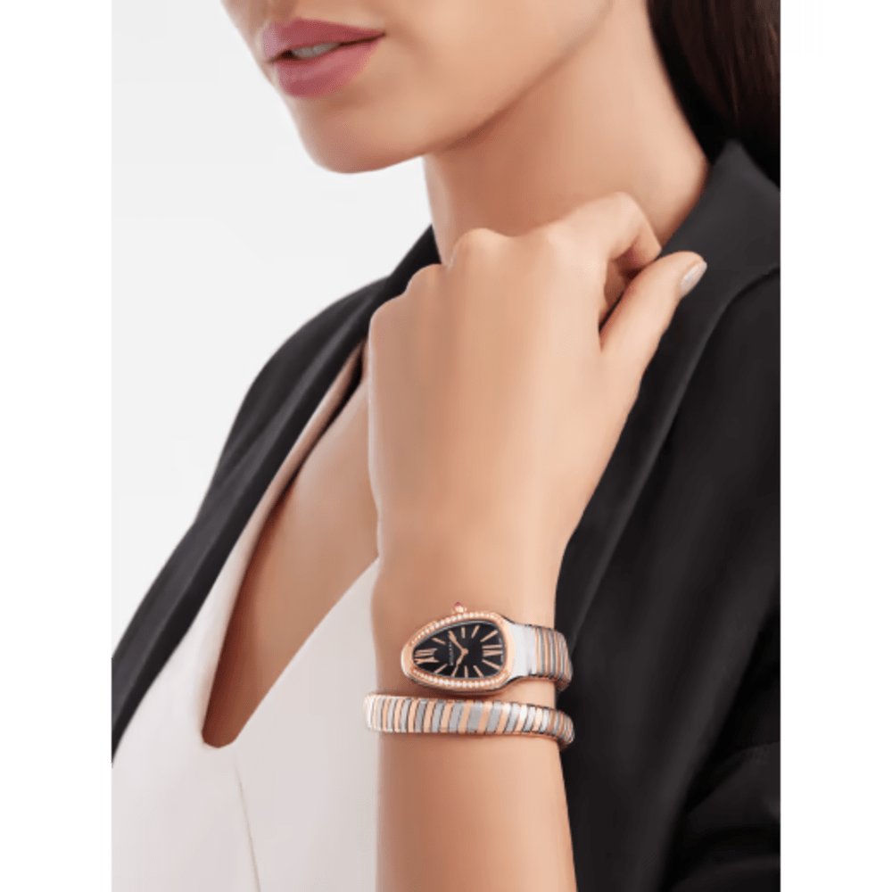 Bulgari Serpenti Tubogas Rose Gold Steel Diamond Black Dial 35mm