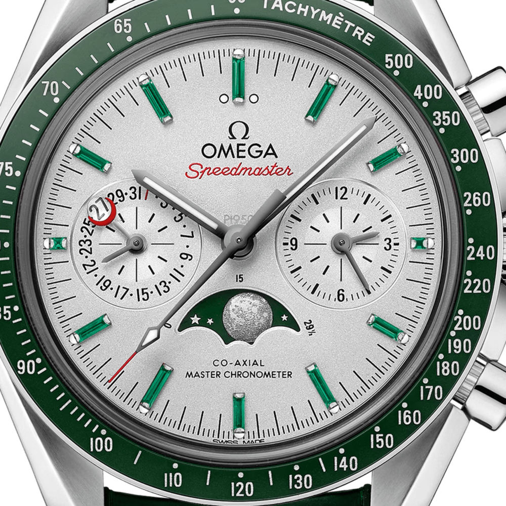 Omega Speedmaster Moonphase Chronograph Platinum Silver Dial 44mm