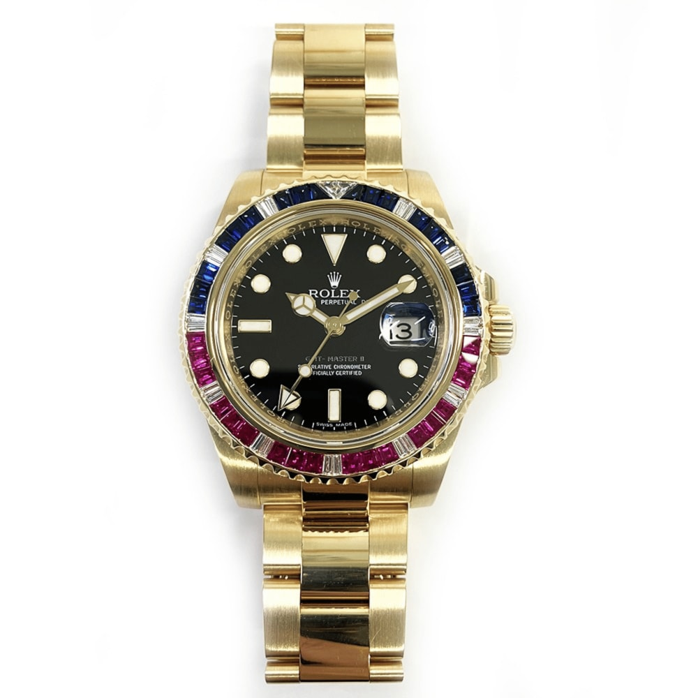 Rolex GMT-Master II Yellow Gold Sapphire Ruby Black Dial 40mm
