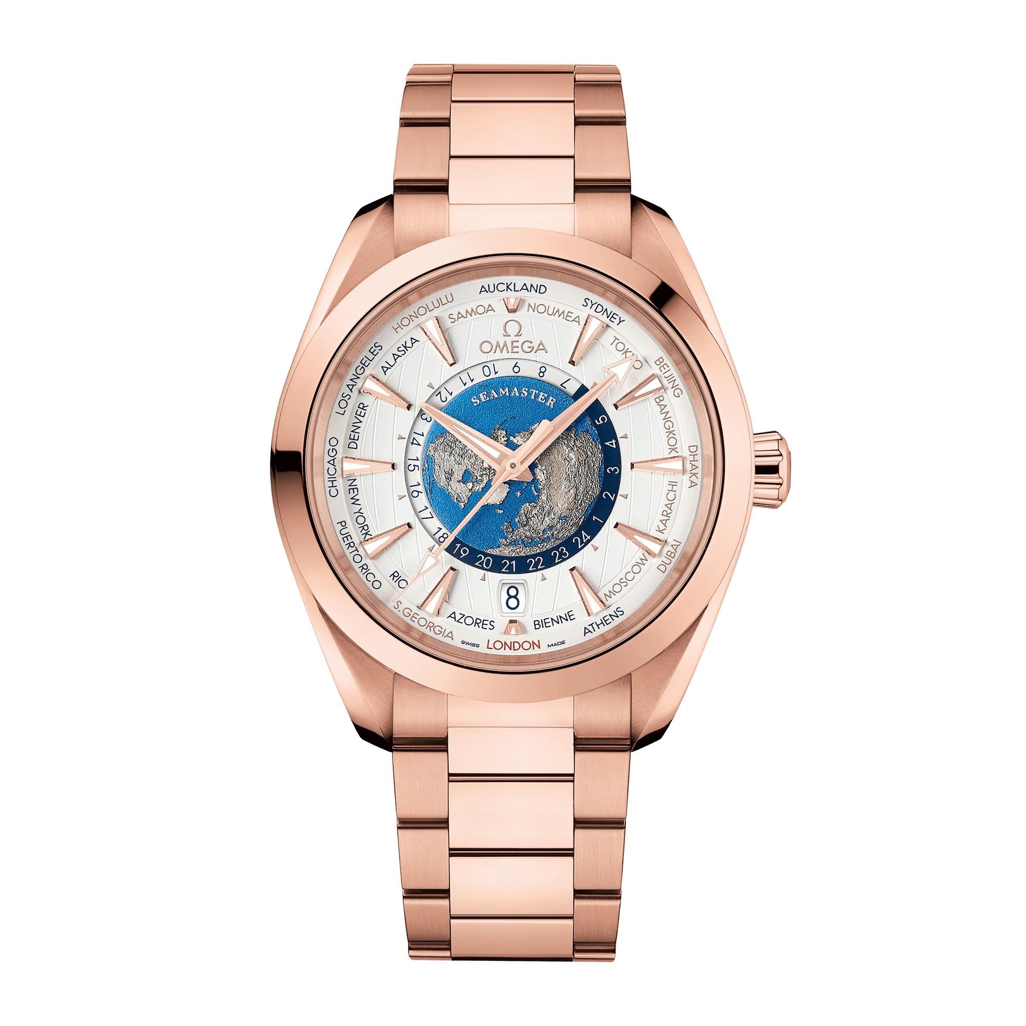 Image of Aqua Terra Worldtimer Rose Gold Silver Dial 43mm