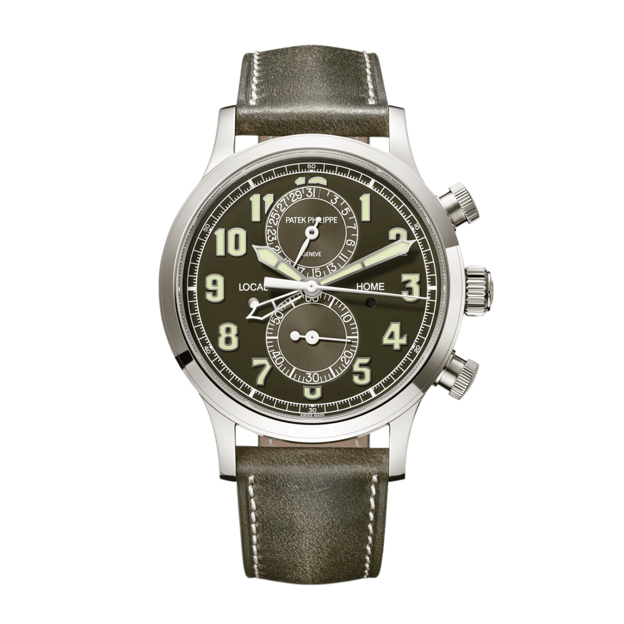 Image of Calatrava Pilot Travel Time Chronograph White Gold Green Dial 42mm