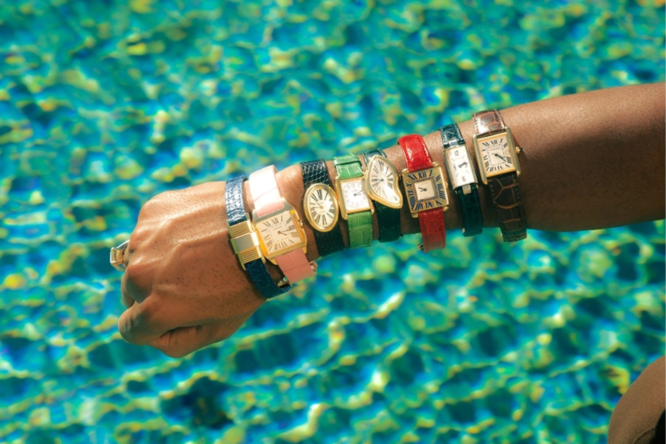 Tyler’s Cartier collection includes a Baguette Or Coulissant, Santos-Dumont, Baignoire, Must de Cartier Tank, Crash, Obus, Petit Cylindre and Tank Louis Cartier Photo: Luis “Panch” Perez/ Robb Report
