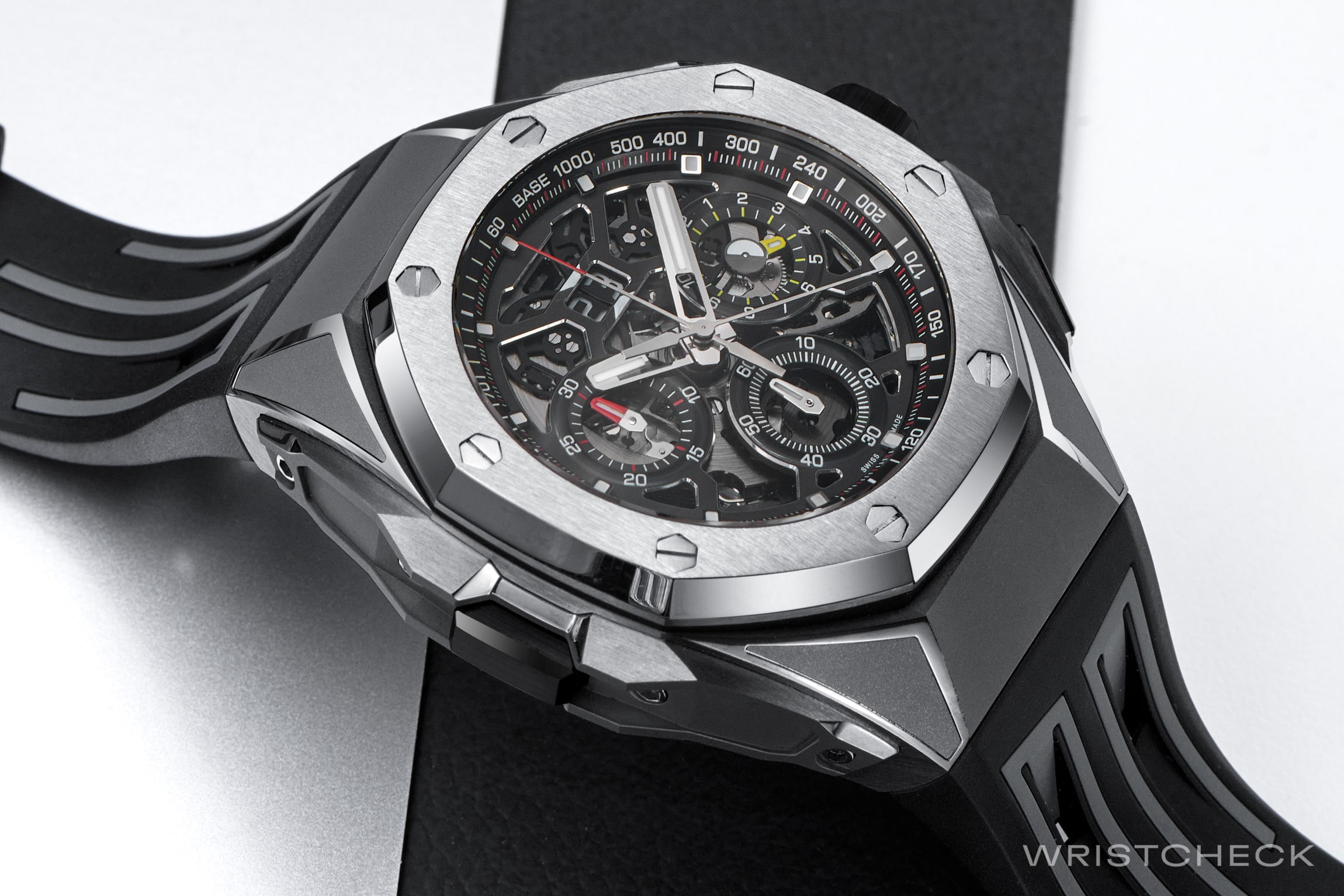 The watch case is made from sandblasted titanium and is full of dynamic cutaways and details