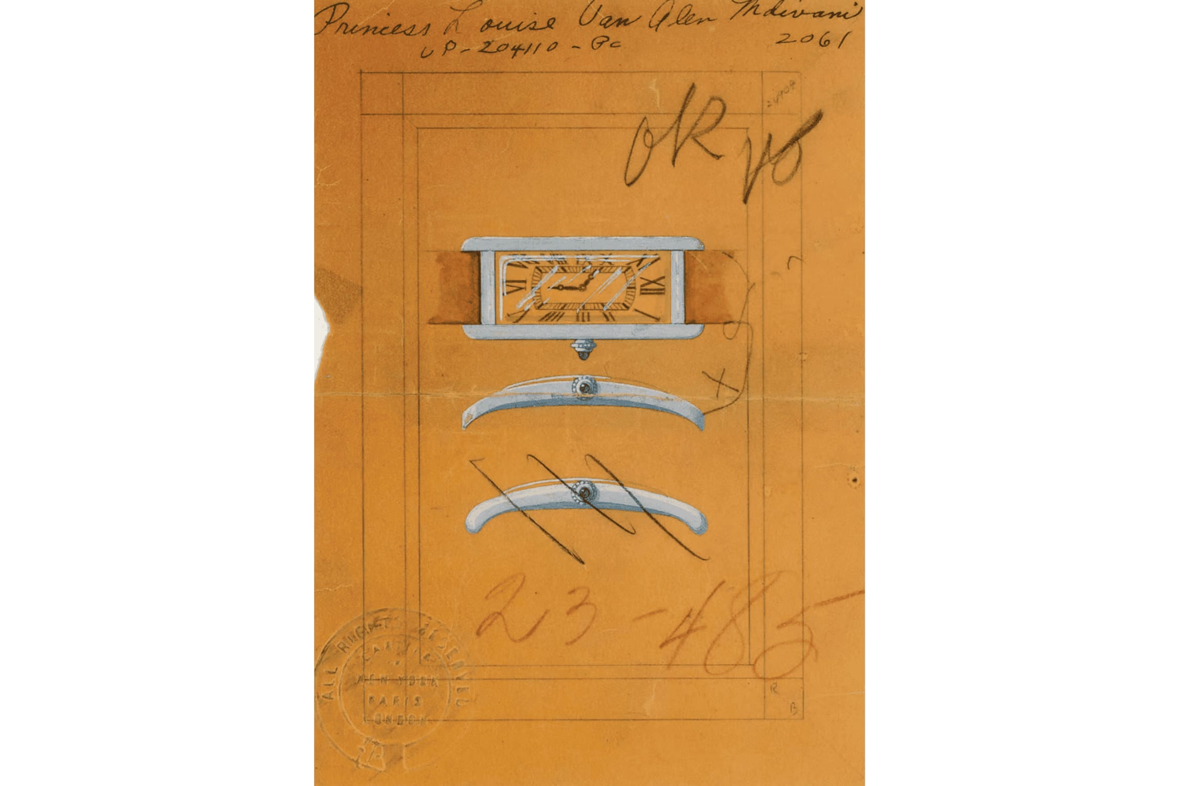 A sketch of a Cartier Tank Cintrée wristwatch created in 1935 for Princess Mdivani (formerly known as Louise Van Alen) ©Cartier